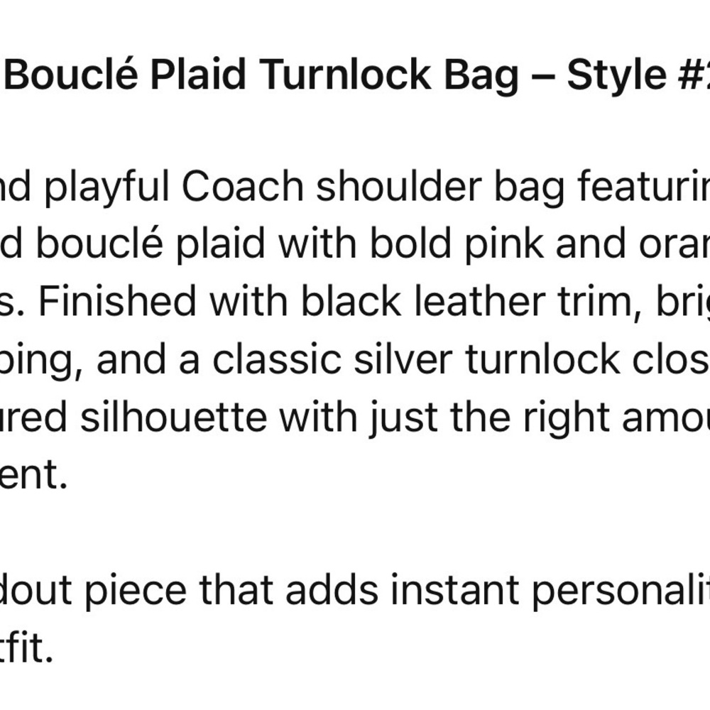 Coach Bouclé Plaid Turnlock Shoulder Bag – Style #21142 – Pink Trim - Picture 2 of 14
